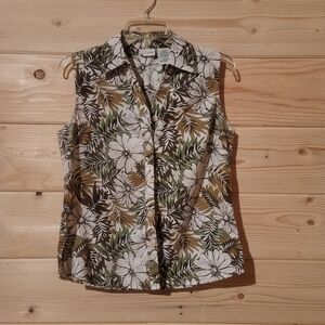 Vintage White Stag Floral Sleeveless Shirt Size S 19x24